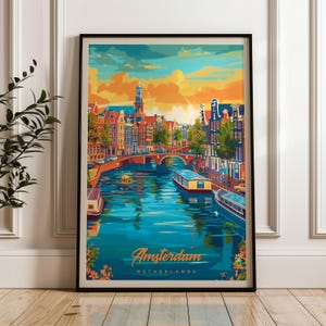 Póster de viaje de Ámsterdam: impresión de arte mural de los Países Bajos, póster de ilustración, obra de arte, decoración del hogar y la oficina, idea de regalo, impresión de viaje a Europa