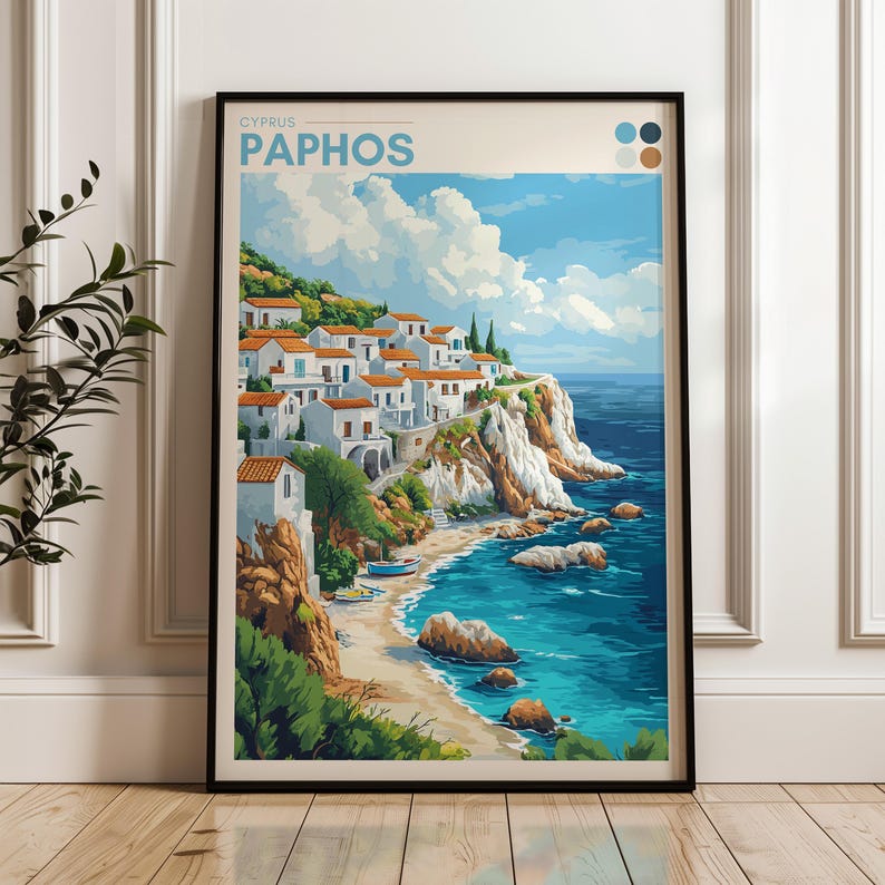 Paphos Travel Poster Cyprus Wall Art Print, Island Illustration Artwork
