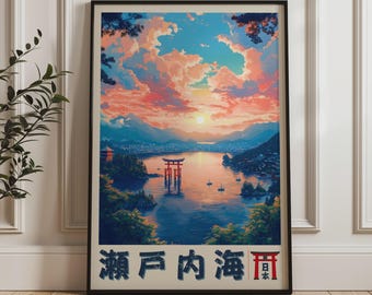 Miyajima Torii Gate Travel Poster, Seto Inland Sea, Japan, Vintage Style Japanese Wall Art, Sunset Print