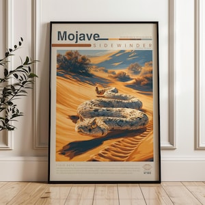 Mojave Sidewinder Travel Poster, Desert Wall Art, Illustrated Wildlife Animal Print, Mojave Nature Home Decor