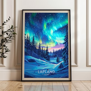 Lappland Travel Poster - Finland Wandbild, Illustration Poster, Kunstwerk, Haus & Büro Dekor, Geschenkidee, Reisedruck, Schnee Poster