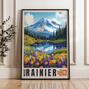 Poster de voyage Mount Rainier - impression d'art mural Washington, oeuvre d'art, décoration de maison et de bureau, idée cadeau, impression de voyage aux États-Unis