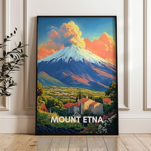 Mount Etna wall art, Sicily travel poster, Colorful Italian landscape print, Bold volcano decor, Framed canvas artwork, Europe nature gift
