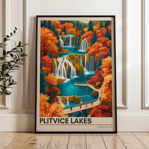 Poster di viaggio dei Laghi di Plitvice - Stampa artistica da parete in Croazia, poster illustrativo, arredamento per casa e ufficio, idea regalo, stampa di viaggio del Parco Nazionale