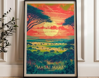 Masai Mara Travel Poster - Kenya Wall Art Print, Illustration Poster, Artwork, Home & Office decor, Gift idea, Travel print, Savannah print