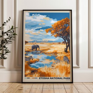 Poster di viaggio del Parco nazionale di Etosha - Stampa artistica da parete della Namibia, illustrazione della savana, arredamento per la casa e l'ufficio, stampa della fauna selvatica africana