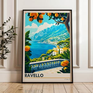 Póster de viaje a Ravello - Impresión artística mural de Italia, póster ilustrativo, obra de arte de Amalfi, decoración para el hogar y la oficina, idea de regalo, impresión de viaje a Campania