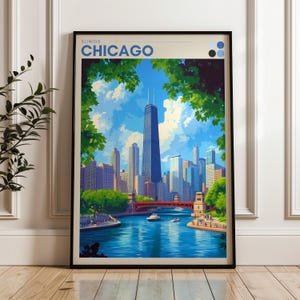 Poster di viaggio di Chicago - Stampa artistica da parete dell'Illinois, poster illustrativo, opera d'arte, arredamento per la casa e l'ufficio, idea regalo, stampa di viaggio negli Stati Uniti