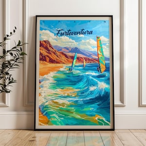 Fuerteventura Travel Poster - Spain Wall Art Print, Windsurfing Illustration Artwork, Atlantic Home & Office decor, Canary Islands Gift idea
