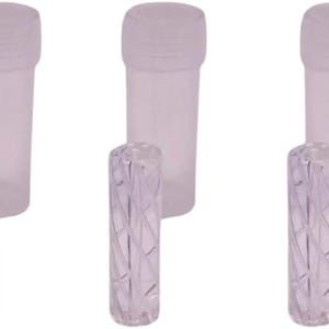 May include: Three clear, cylindrical containers with matching lids. Each container has a textured, diamond-patterned stopper. The containers are made of a translucent material.