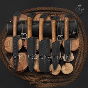 Custom 5-Piece Forged Steel Chef Knife Set Olive Wood with Leather Sheath Perfect Christmas Gift for Any Occasion