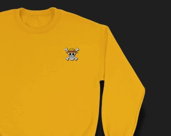 One Piece-inspiriertes Rundhals-Sweatshirt | Minimalistisches gesticktes Strohhut-Piraten-Logo | Unisex Anime Pullover | Dezenter One Piece Merch