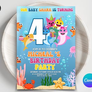 Edytowalny szablon zaproszenia urodzinowego Baby Shark / Szablon zaproszenia urodzinowego dla chłopców i dziewcząt / Zaproszenie Baby Shark