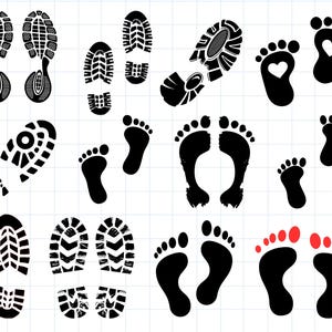May include: Black and white silhouette images of various footprints, including shoes, boots, and bare feet. The footprints are arranged in a grid pattern on a white background.