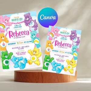May include: Two invitations featuring Care Bears illustrations. The invitations have a light blue background with various Care Bears characters. The text includes "You are Invited!" and "Rebecca is turning two!" with event details.