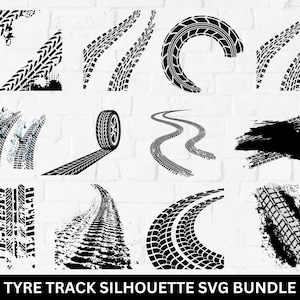 Könnte beinhalten: Ein Satz von 12 schwarzen und weißen Reifenspuren-Silhouetten-SVG-Dateien. Die Reifenspuren sind in verschiedenen Formen und Größen, darunter gerade Linien, Kurven und Wirbel. Die Dateien sind perfekt für den Einsatz in Designprojekten, wie z. B. die Erstellung von T-Shirts, Tassen und anderen Waren.