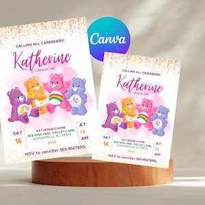 May include: Two invitations with a Care Bears theme. The invitations feature the text "Calling All Carebears!" and "Katherine is turning one." The invitations have a pink and purple color scheme and include the date, time, and location.