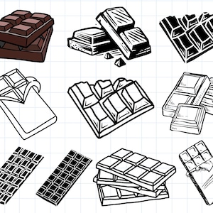 Könnte beinhalten: Zehn Schwarzweiß-Strichzeichnungen verschiedener Schokoladensorten. Die Zeichnungen befinden sich auf einem weißen Gitterhintergrund.