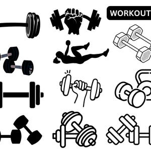 May include: A collection of black and white workout-themed SVG graphics. The image includes various dumbbell designs, a kettlebell, and a silhouette of a person exercising. Text in the upper right corner reads "WORKOUT SVG".