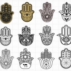 May include: A set of twelve black and white hamsa hand illustrations with various designs, including an eye, a star of David, and a flower. The hamsa hand is a symbol of protection and good luck.