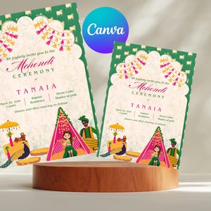 Editable Colorful Mehndi Invitation Template | Orange Umbrella Haldi Dholki Mayoun Invite | Canva Template for Digital Download