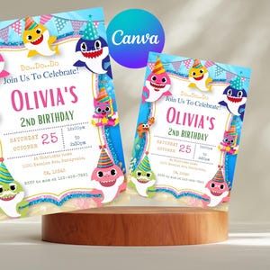 Bewerkbare roze babyhaai verjaardagsuitnodiging | Uitnodiging kinderfeestje meisje | Canva-sjabloon voor directe digitale download