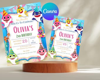Editable Pink Baby Shark Birthday Invitation | Girl Kids Party Invite | Canva Template for Instant Digital Download