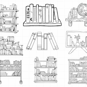 May include: Black and white line art illustrations of bookshelves and books. The image includes various bookshelf designs, some with books stacked on top, and others with decorative elements like globes and vases. The style is simple and suitable for various design projects.