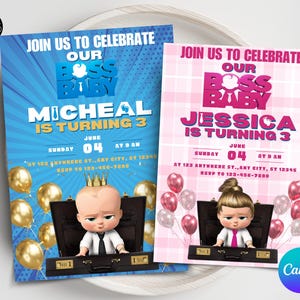 Modello di invito di compleanno modificabile per neonati e neonate / Modello di invito di Baby Boss per la festa di compleanno