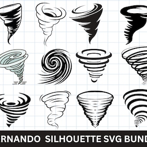 May include: A set of 10 black and white tornado silhouette SVG files. The silhouettes are in various styles, including swirling, layered, and spiral shapes.