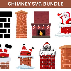 May include: A set of 8 Christmas chimney SVG files. The files include a black and white chimney, a red brick chimney, a fireplace with stockings, a chimney with Father Christmas coming down it, a chimney with Father Christmas stuck in it, a chimney with a snowman, a chimney with a Father Christmas head sticking out of it, and a chimney with a brick design.