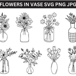 May include: A set of eight black and white line drawings of flowers in vases. The flowers are various types, including daisies, tulips, and wildflowers. The vases are also various styles, including jars, bottles, and a checkered vase.