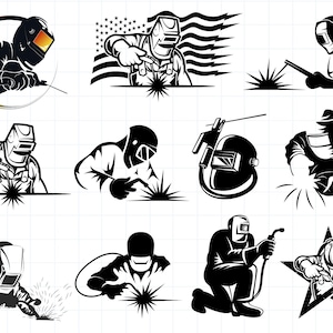 Puede incluir: Un conjunto de diez ilustraciones vectoriales en blanco y negro de soldadores en varias poses. Los soldadores llevan cascos y sostienen antorchas de soldadura. Algunos soldadores están trabajando en objetos metálicos, mientras que otros están de pie o sentados. Las ilustraciones están en un estilo simple y de dibujos animados.