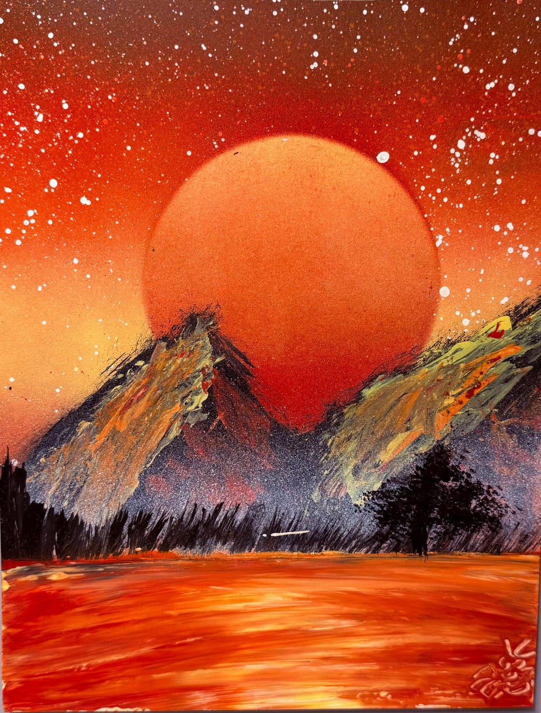 Spray Paint Art Mountain Sunset Painting Wall Decor Original