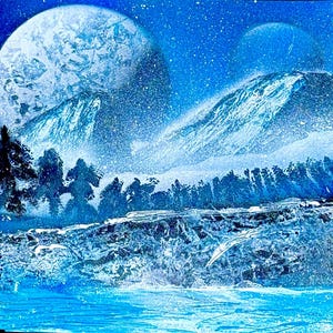 Peinture en aérosol, peinture spatiale, montagne enneigée, art mural, paysage abstrait, peinture en aérosol pour la décoration intérieure
