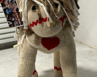 Adorable Off White  Sock Monkey Sock Horse with Red Heart and Red Trim