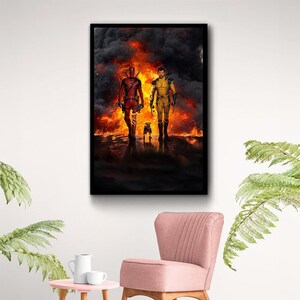 May include: A digital art print featuring Deadpool and Wolverine walking through a fiery landscape. The characters are in their signature costumes, and a small dog walks between them.