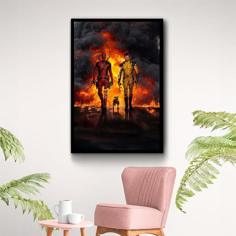 May include: A digital art print featuring Deadpool and Wolverine walking through a fiery landscape. The characters are in their signature costumes, and a small dog walks between them.