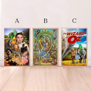May include: Three framed posters featuring imagery from the classic film "The Wizard of Oz." The posters showcase iconic scenes and characters, including Dorothy, the Tin Man, the Cowardly Lion, and the Wicked Witch. The posters are in wooden frames.