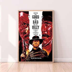 May include: A film poster for the movie "The Good, the Bad and the Ugly" directed by Sergio Leone. The poster features three men in a close-up shot. The men are all wearing hats and have facial hair. The poster is in a red, white and black colour scheme. The text on the poster reads "The Good, the Bad and the Ugly" and "Sergio Leone".