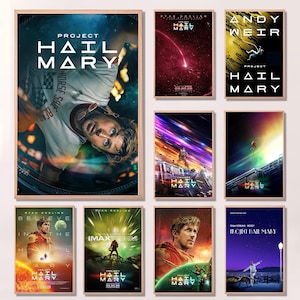 May include: A collection of framed movie posters for "Project Hail Mary" featuring Ryan Gosling. The posters showcase various scenes and designs, including space and action themes. The posters have a wooden frame.