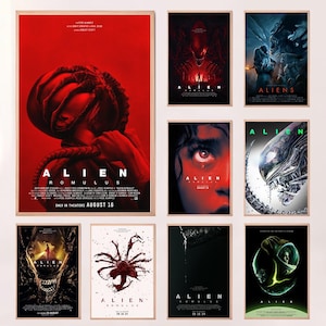 May include: A collage of nine movie posters for the Alien franchise. The posters feature various characters and creatures from the films, including the Xenomorph, Ripley, and the Nostromo. The posters are all in a dark, gritty style, with a lot of red and black.