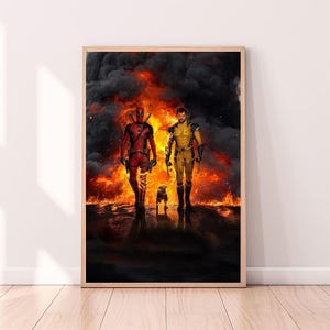 May include: A digital art print featuring Deadpool and Wolverine standing in a fiery inferno. The characters are depicted in their iconic costumes, with Deadpool in his red and black suit and Wolverine in his yellow and blue costume. A small dog stands between them.