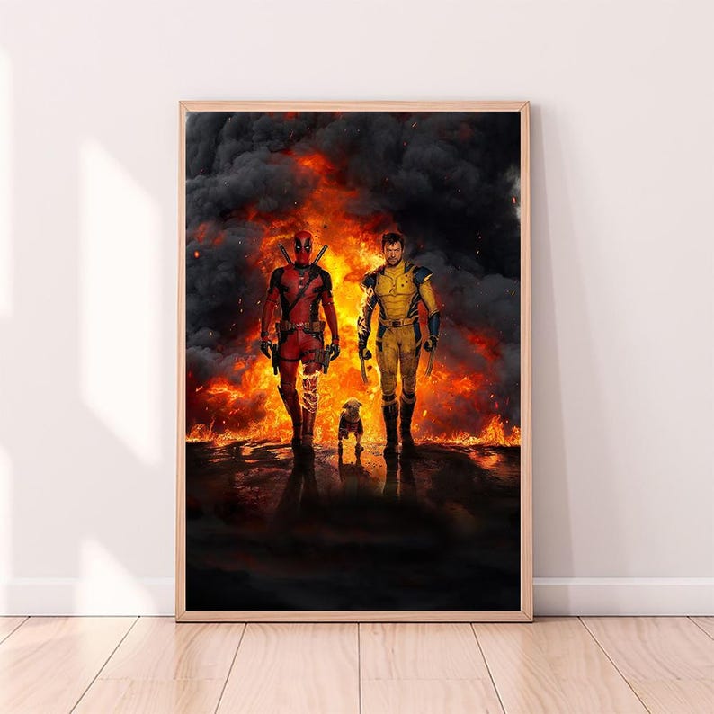 May include: A digital art print featuring Deadpool and Wolverine standing in a fiery inferno. The characters are depicted in their iconic costumes, with Deadpool in his red and black suit and Wolverine in his yellow and blue costume. A small dog stands between them.