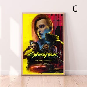 May include: Framed poster featuring the "Cyberpunk 2077" video game. The artwork showcases a futuristic female character with red hair and a yellow and black background. The poster includes the game's title and "Ultimate Edition" text.
