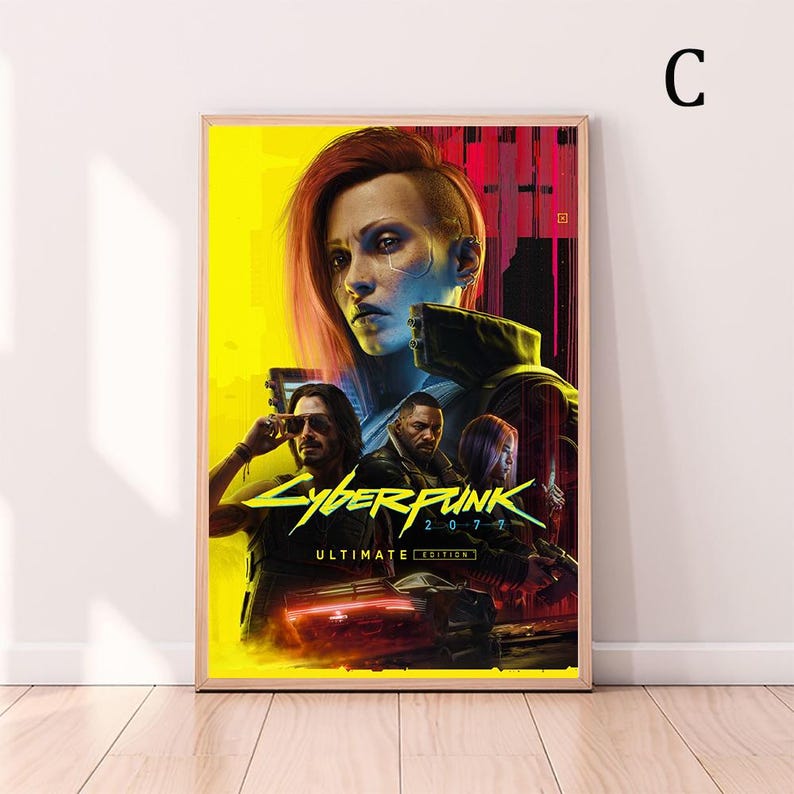 May include: Framed poster featuring the "Cyberpunk 2077" video game. The artwork showcases a futuristic female character with red hair and a yellow and black background. The poster includes the game's title and "Ultimate Edition" text.