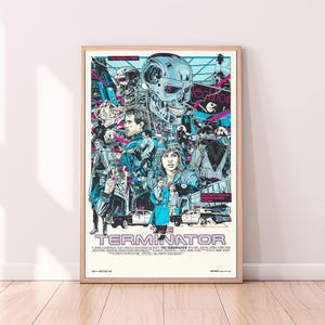 May include: A retro-style poster for the film "The Terminator" featuring a blue and pink colour scheme. The poster depicts Arnold Schwarzenegger as the Terminator, along with other characters from the film, including Sarah Connor and Kyle Reese. The poster also includes the film's title, director, and cast.