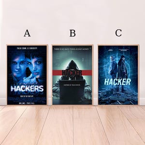 May include: Three movie posters for the film "Hackers". The posters are blue and black with red text. The first poster features two people, a man and a woman, with the text "Their crime is curiosity". The second poster features a person wearing a black hoodie with the text "There is no such thing as easy money." The third poster features two people standing in front of a blue background with the text "Hacker".