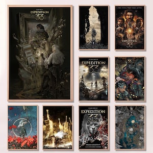 May include: A collection of nine rectangular posters featuring the title Clair Obscur Expedition 33. The artwork displays various fantasy scenes with characters, glowing swords, dark landscapes, and intricate details in a dark, atmospheric colour palette.
