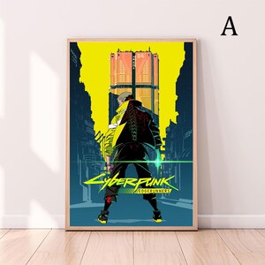 May include: A framed poster featuring a vibrant illustration from Cyberpunk: Edgerunners. The artwork showcases a figure in a yellow jacket, set against a futuristic cityscape with the show's logo prominently displayed. The background is a bright yellow.